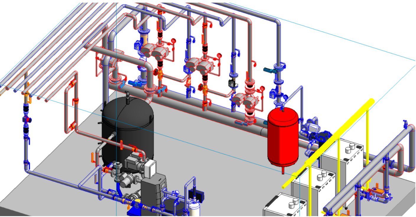 Maquette Revit MEP d'une chaufferie gaz : collecteurs, panoplies, ballon ECS et vase d'expansion