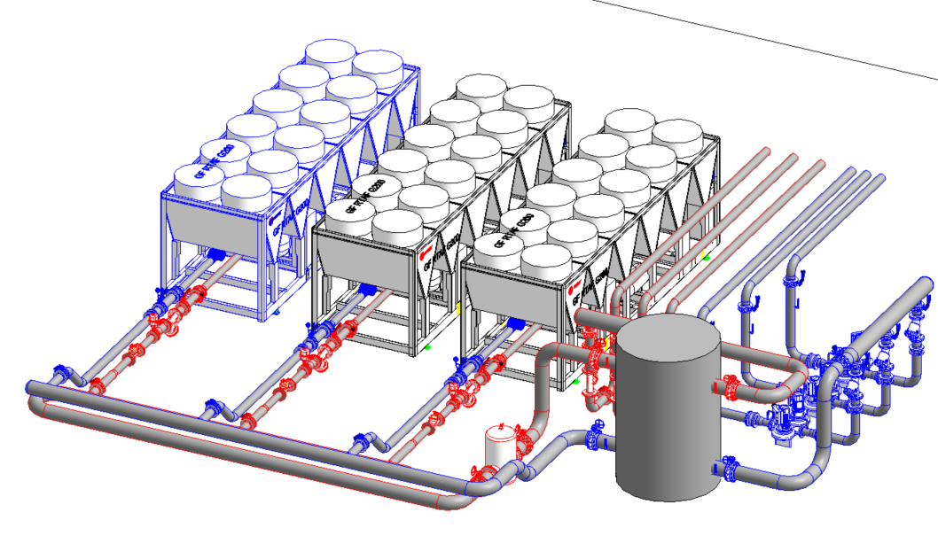 Modélisation Revit MEP CVC — production d'eau glacée, groupes froids, bouteille de découplage et réseaux aller-retour — HVAC PROCESS